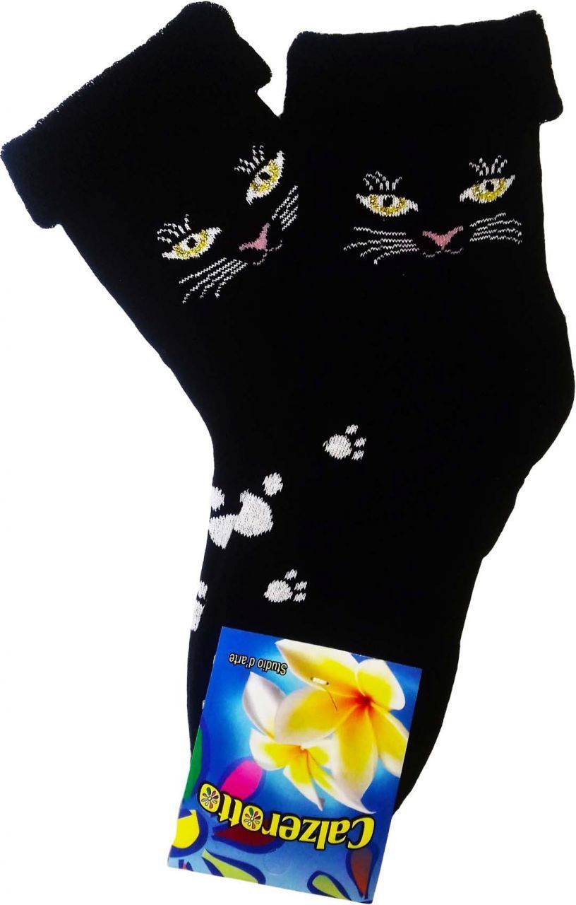 Fekete macskaarcos frottír zokni