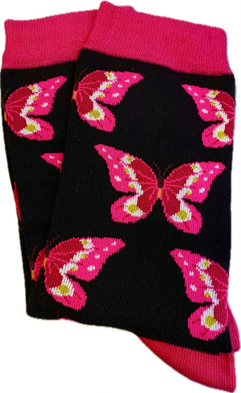 Pillangó mintás bokazokni fekete-pink 